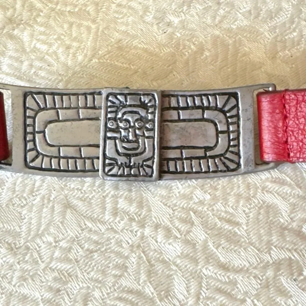 Vintage Cherry Red Leather Belt Pewter Buckle Aztec Mexican Adjustable 22-33”